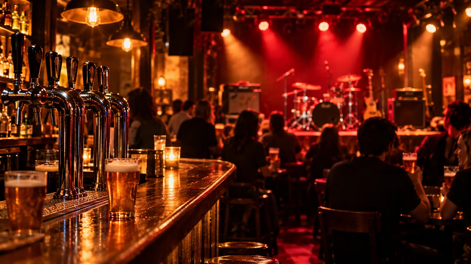 Salão de um pub de cerveja artesanal com torneiras no balcão e um pequeno palco ao fundo (imagem ilustrativa)