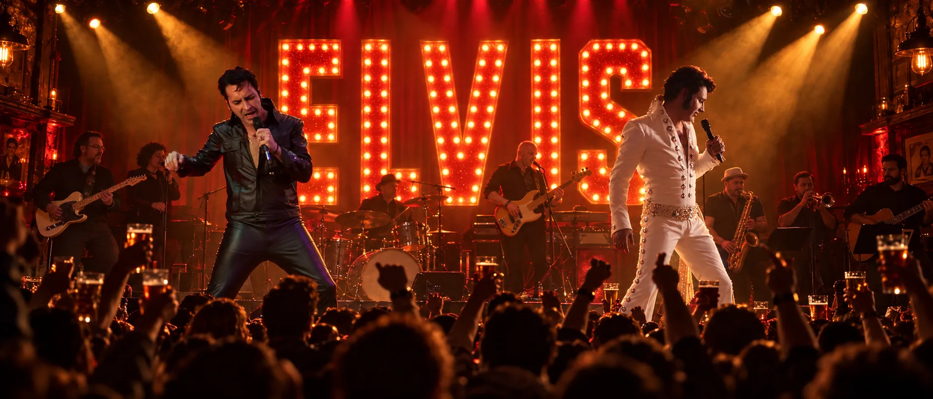 Caio Presley duas vezes no palco, de couro preto à esquerda e de macacão branco com tachas à direita, com a banda atrás, um letreiro gigante de lâmpadas escrevendo ELVIS ao fundo e o público do pub erguendo copos de chope à frente